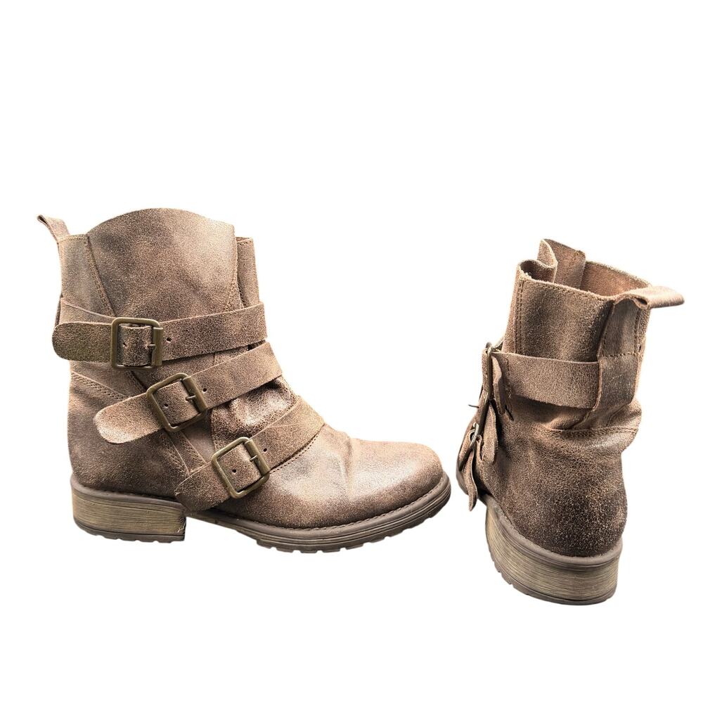 Steve Madden Brown Leather Triple Buckle Ankle Boots Size 8.5 Moto Combat